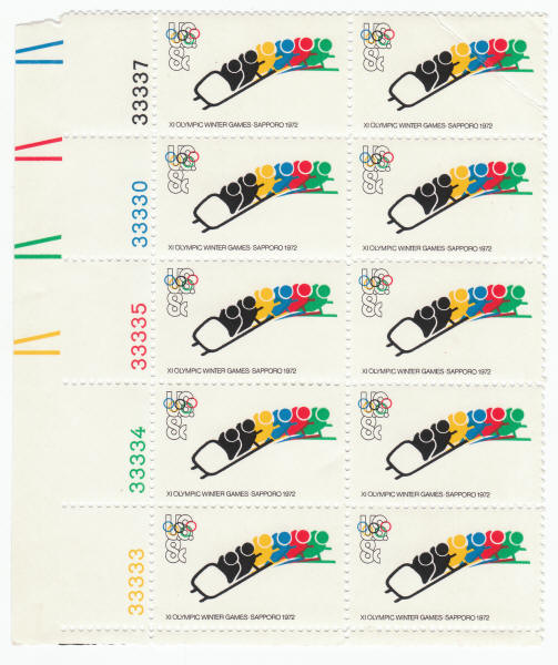 1972 XI Winter Olympic Games Bobsledding USPS Plate Block
