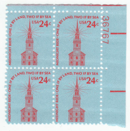 Scott #1603 Old North Church Midnight Ride Plate Block