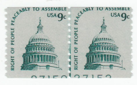 Scott #1616 9 cent Capitol Building Dome Coil Line Pair Plate Number Error