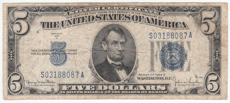 1934 Series D US Lincoln Five Dollar Silver Certificate