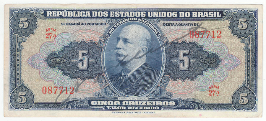 1943 1944 Brazilian 5 Cruzeiros Note front
