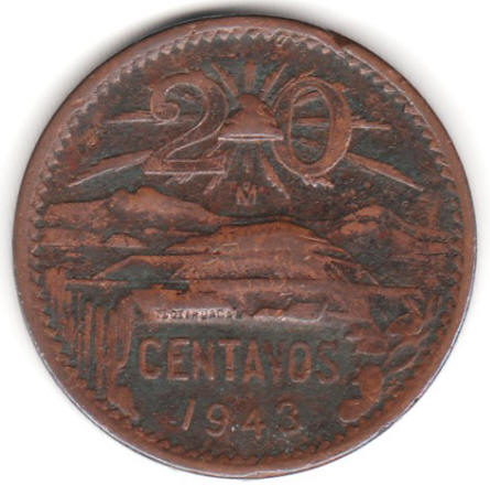 1943 Mexico 20 Centavos Coin reverse