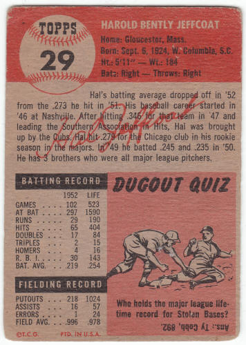 1953 Topps Hal Jeffcoat #29 back