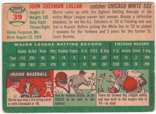 1954 Topps #39 Sherm Lollar back