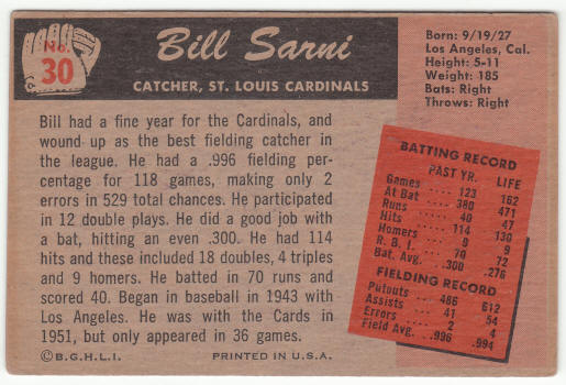 1955 Bowman #30 Bill Sarni back