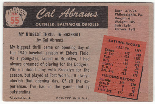 1955 Bowman #55 Cal Abrams back