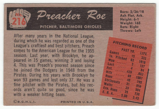 1955 Bowman Preacher Roe #216