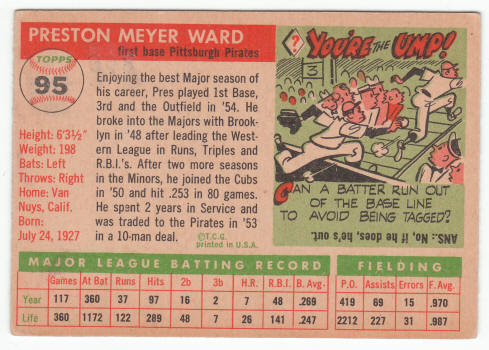 1955 Topps Preston Ward #95 back