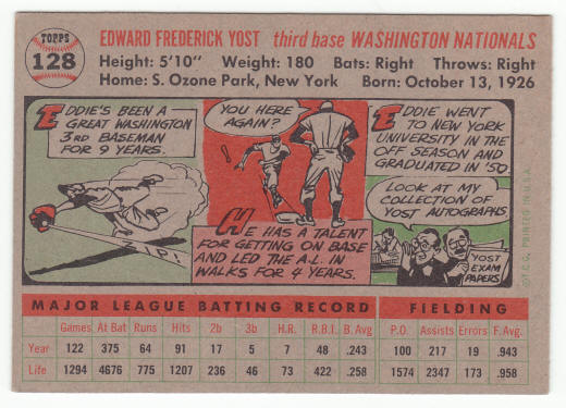 1956 Topps #128 Eddie Yost back