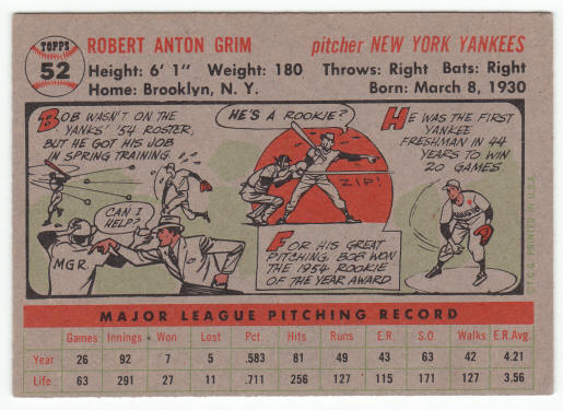 1956 Topps Bob Grim #52 back
