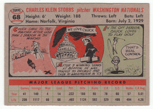 1956 Topps #68 Chuck Stobbs back