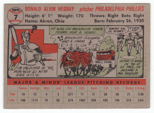 1956 Topps #7 Ron Negray rookie card back
