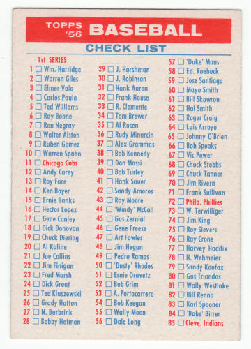 1956 Topps Baseball Checklist 1/3 Ex/M+
