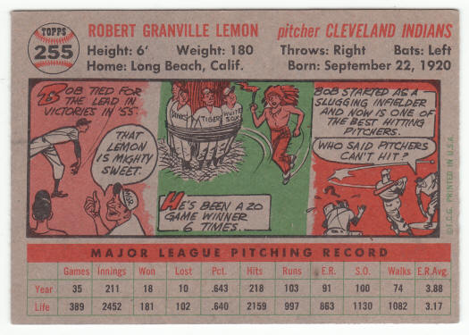 1956 Topps #255 Bob Lemon back
