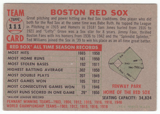 1956 Topps Boston Red Sox Team Card #111