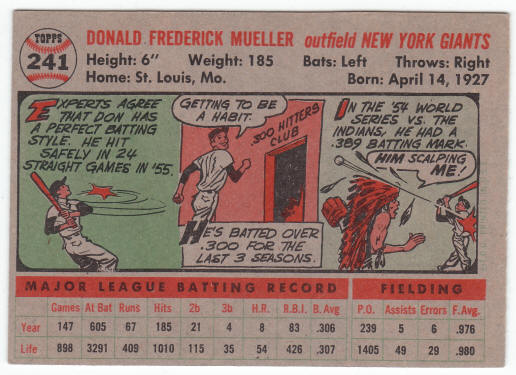 1956 Topps #241 Don Mueller Error back