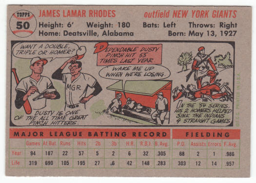 1956 Topps Dusty Rhodes #50 back