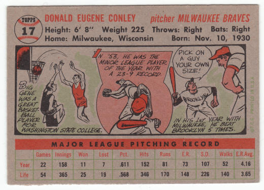 1956 Topps Gene Conley #17 back