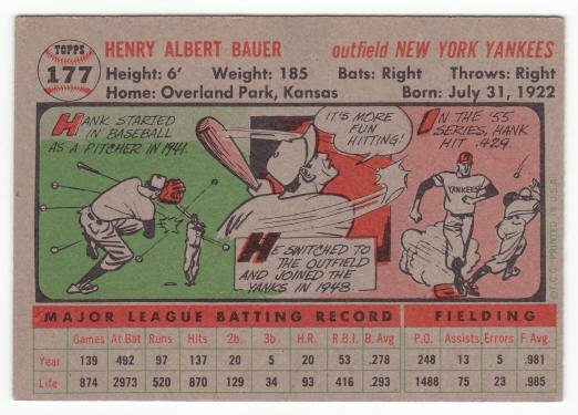 1956 Topps Hank Bauer 177 back