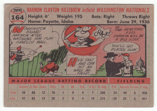1956 Topps 164 Harmon Killebrew back