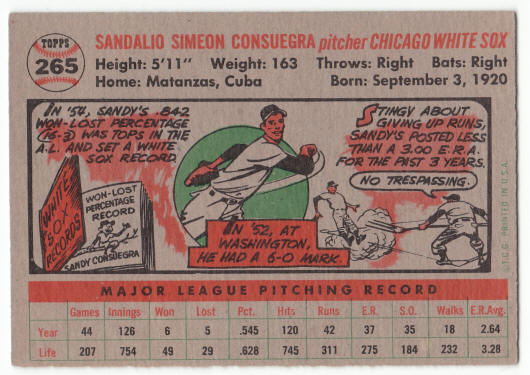 1956 Topps #265 Sandy Consuegra back