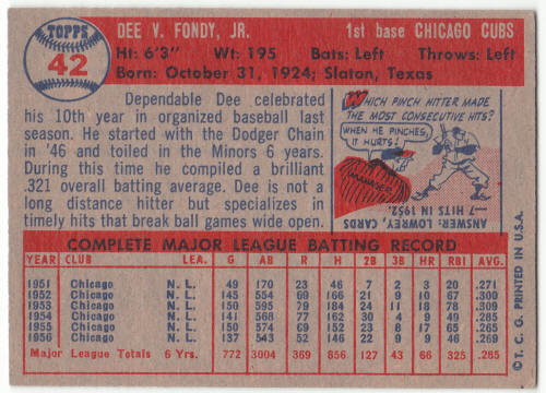 1957 Topps Dee Fondy #42 back