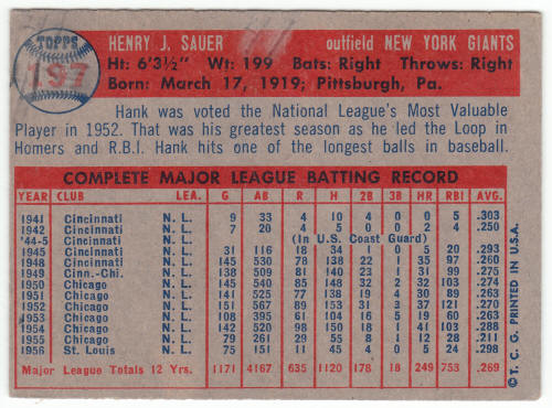 1957 Topps #197 Hank Sauer back