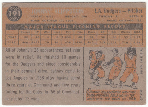 1960 Topps Baseball #191 Johnny Klippstein