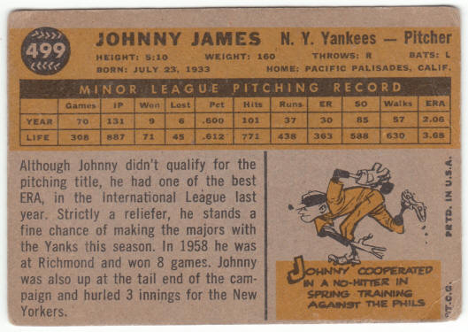 1960 Topps Baseball #499 Johnny James Rookie card