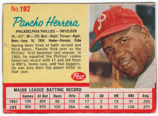 1962 Post Cereal #192 Pancho Herrera