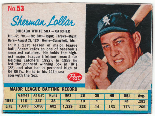 1962 Post Cereal #53 Sherman Lollar