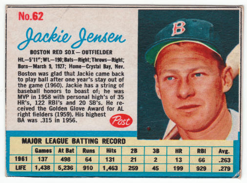 1962 Post Cereal #62 Jackie Jensen front