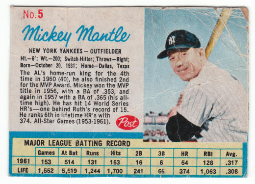 1962 Post Cereal Mickey Mantle #5A front