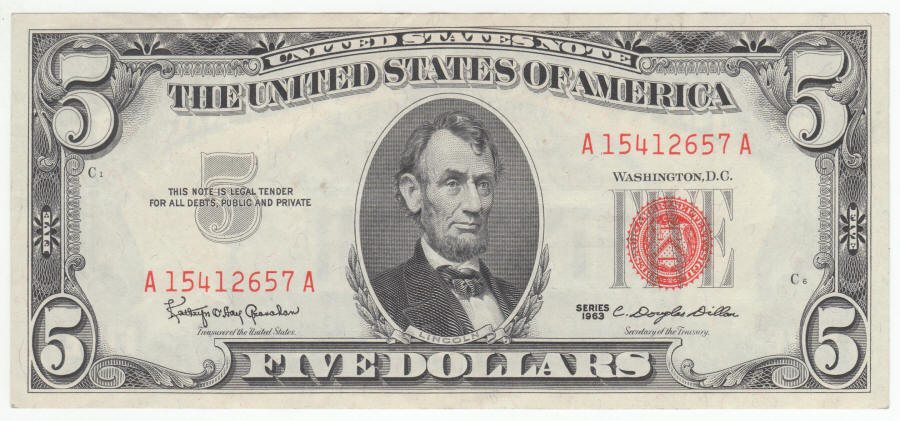1963 US Lincoln Five Dollar United States Note