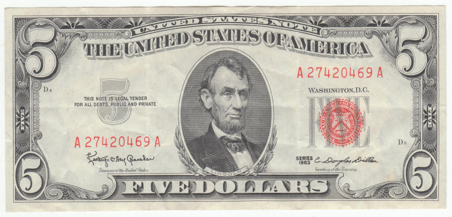 1963 US Lincoln Five Dollar United States Note