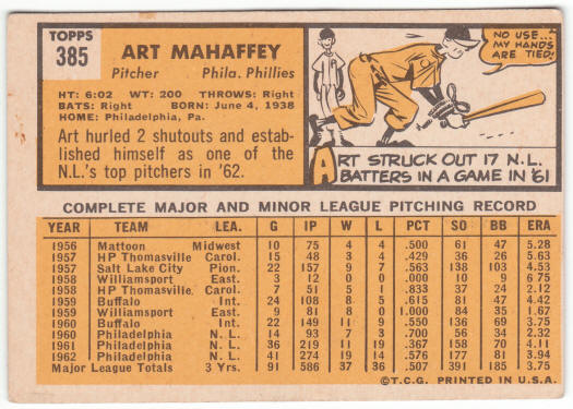 1963 Topps Baseball #385 Art Mahaffey