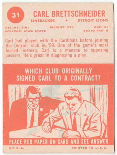 1963 Topps Football #31 Carl Brettschneider
