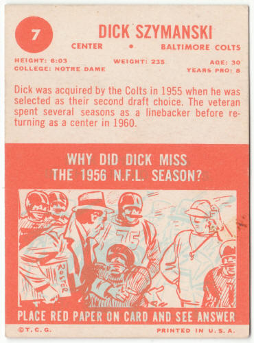 1963 Topps Football #7 Dick Szymanski Rookie Card back