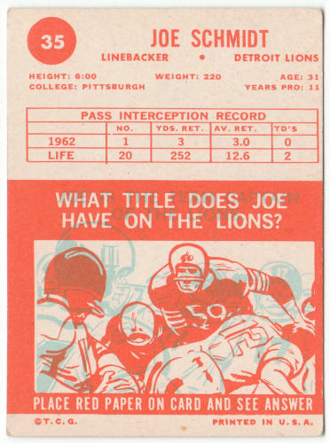 1963 Topps Football #35 Joe Schmidt