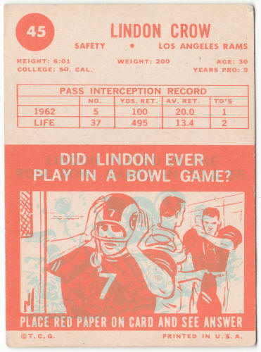 1963 Topps Football #45 Lindon Crow