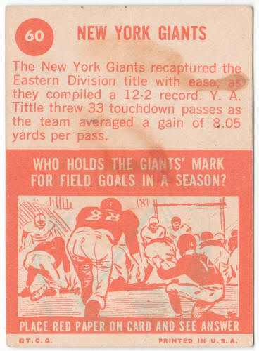 1963 Topps Football #60 New York Giants Team Card