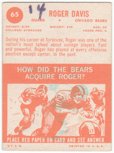 1963 Topps Football #65 Roger Davis Rookie Card