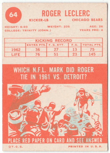 1963 Topps Football #64 Roger Leclerc