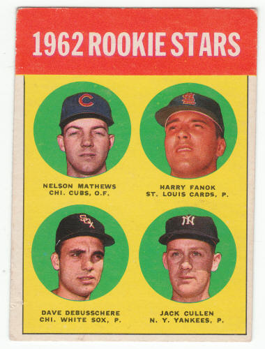 1963 Topps #54a 1962 Rookie Stars Nelson Mathews Harry Fanok Dave DeBusschere Jake Cullen error front