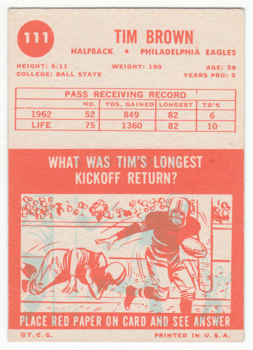 1963 Topps Tim Brown #111 Rookie Card back