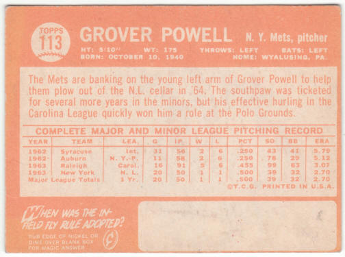 1964 Topps Baseball #113 Grover Powell Rookie Card