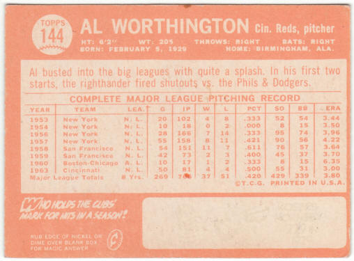 1964 Topps Baseball #144 Al Worthington