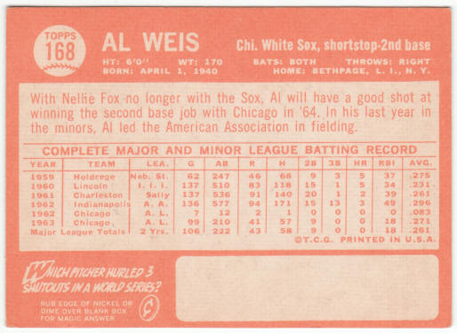 1964 Topps Baseball #168 Al Weis