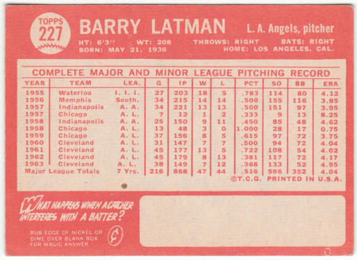 1964 Topps Baseball #227 Barry Latman