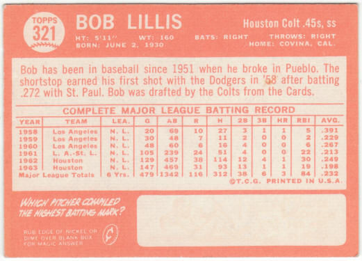 1964 Topps Baseball #321 Bob Lillis